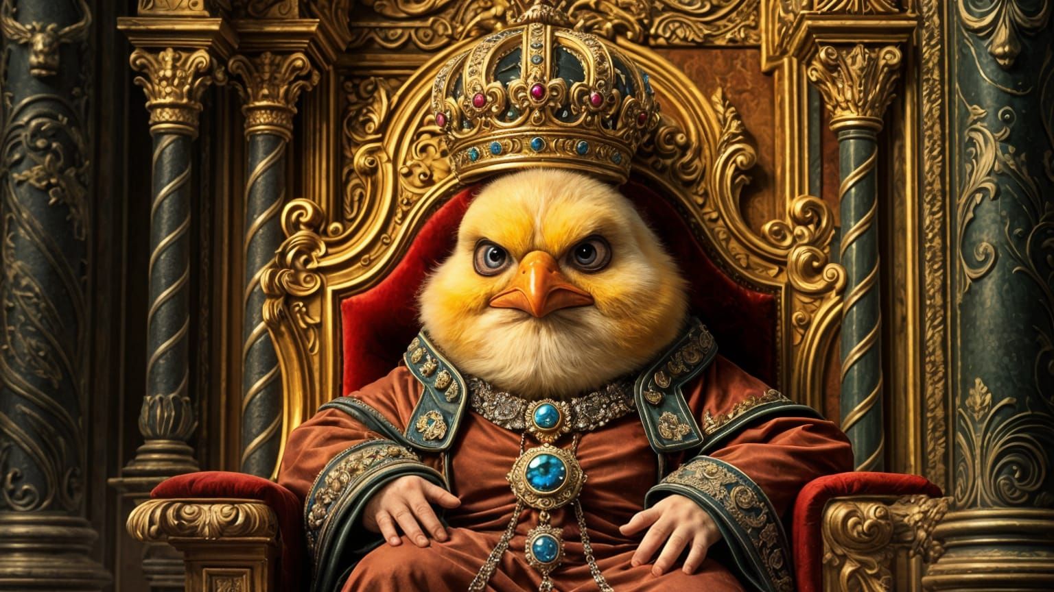 Grumpy Chick on Throne in Baroque Palace