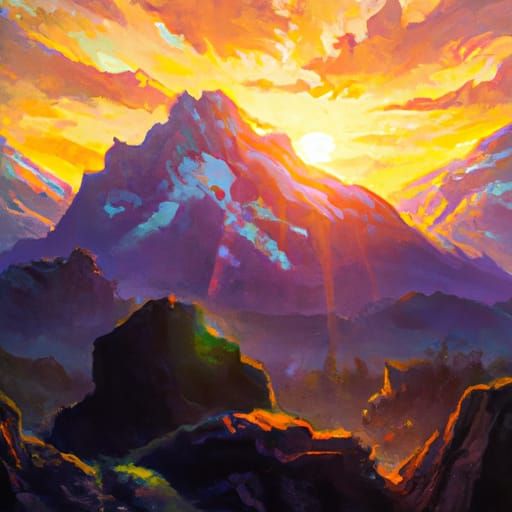 Majestic Mountain Sunrise in Oil Painting Style