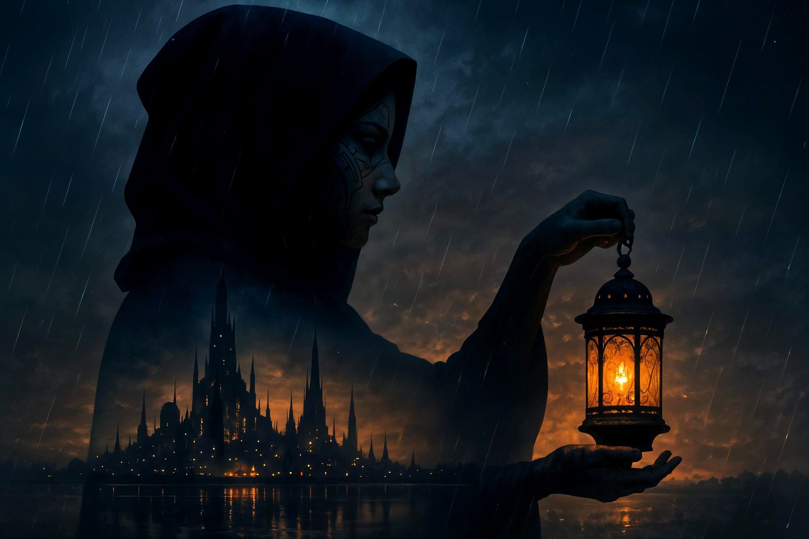 Mysterious Woman with Lantern and Futuristic Cityscape
