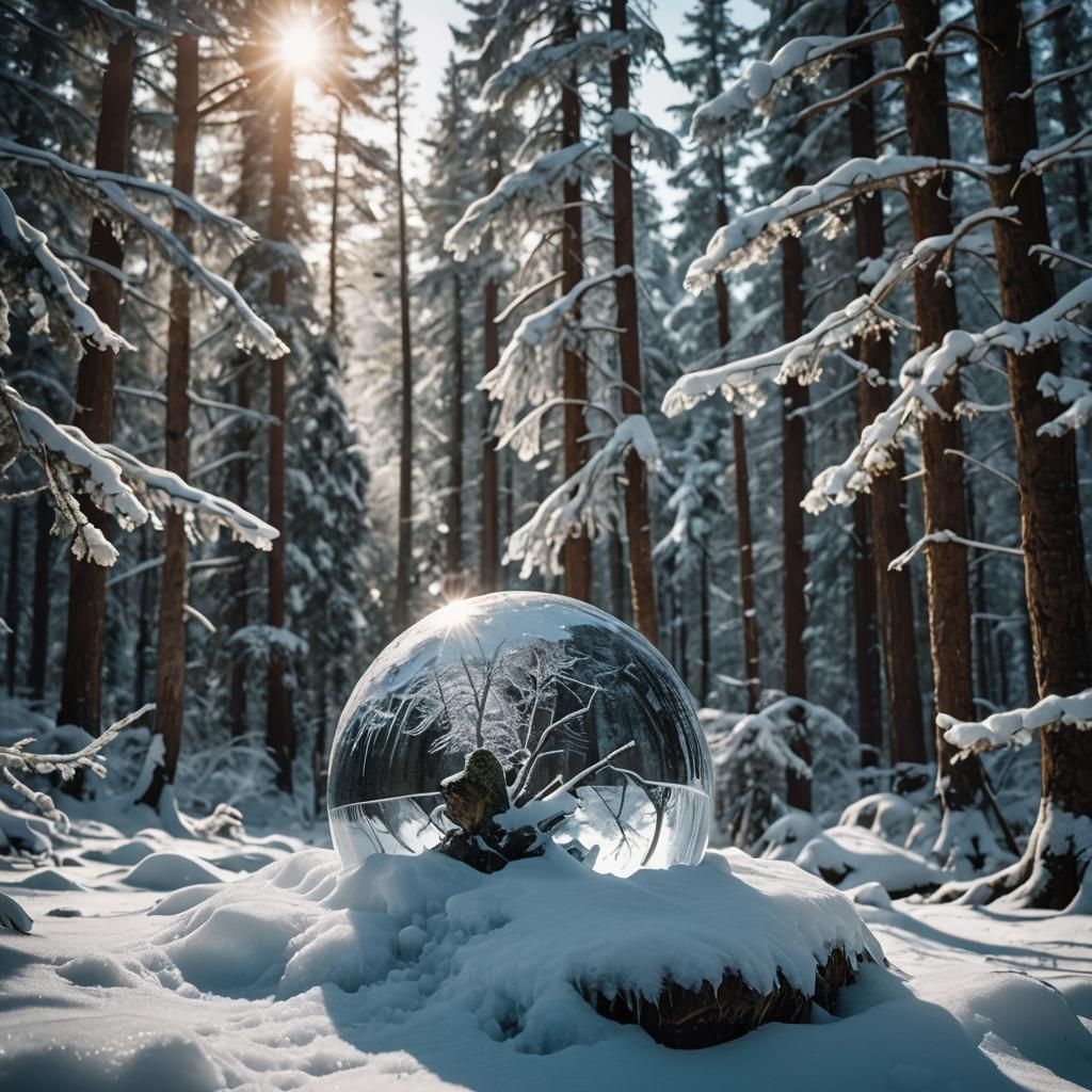 Icy Sphere in Snowy Forest: Cinematic Film Still