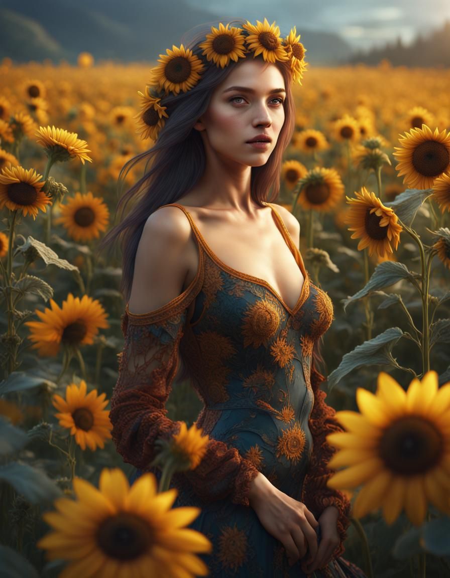 Beautiful Woman in Sunflower Field, Detailed Fantasy Art