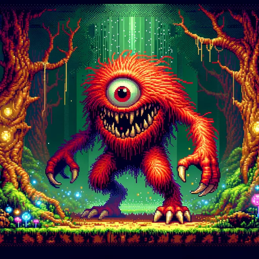 16-bit Pixel Art: Red Cyclops Monster in Forest