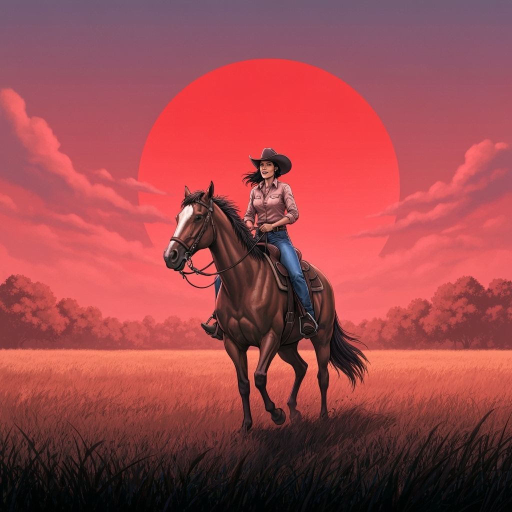 Cowgirl Rides Wildly at Sunset in Comic Style