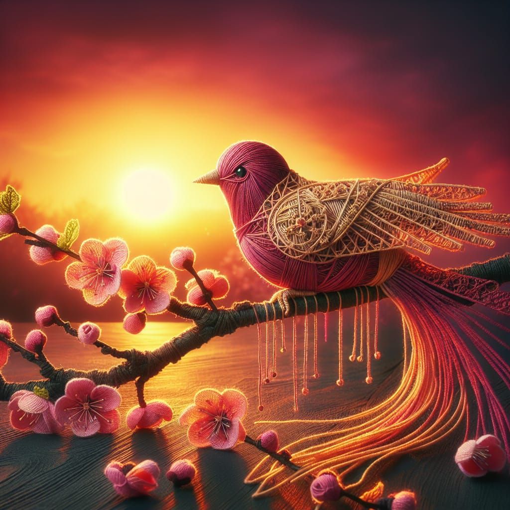 Vintage Knitted String Bird on Cherry Blossoms