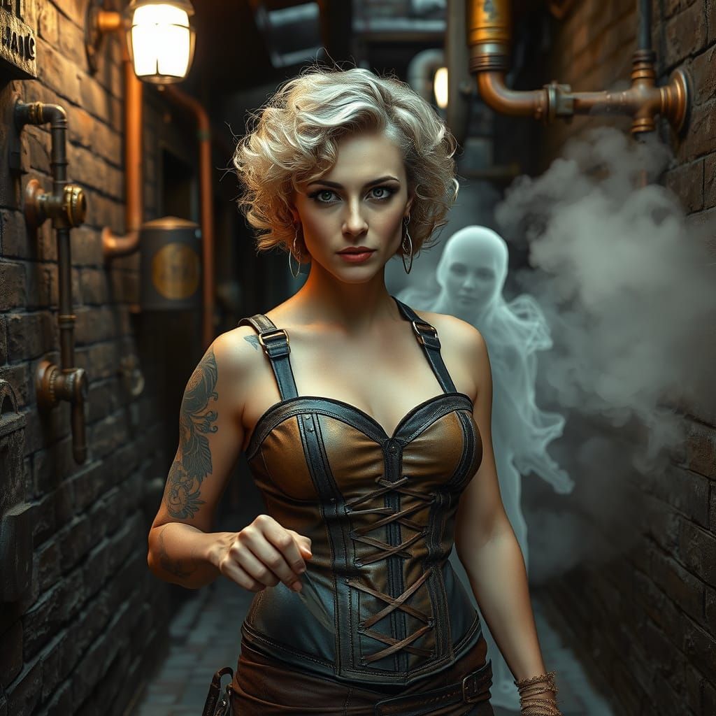 Steampunk Woman in Dystopian Alleyway