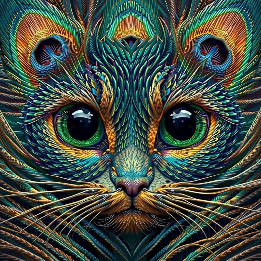 Peacock Feather Cat Face in Surrealist Style