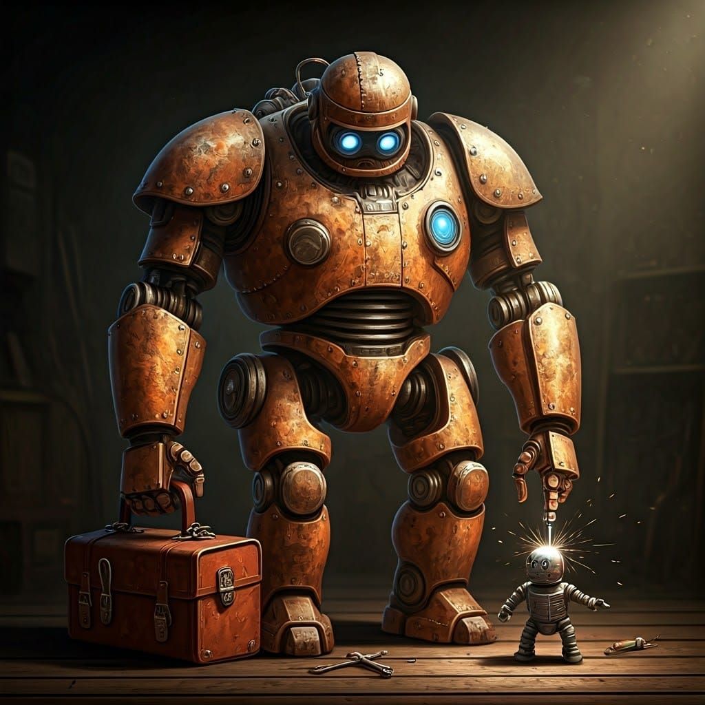 Weathered Robot Repairs Friend in Dimly Lit Workshop
