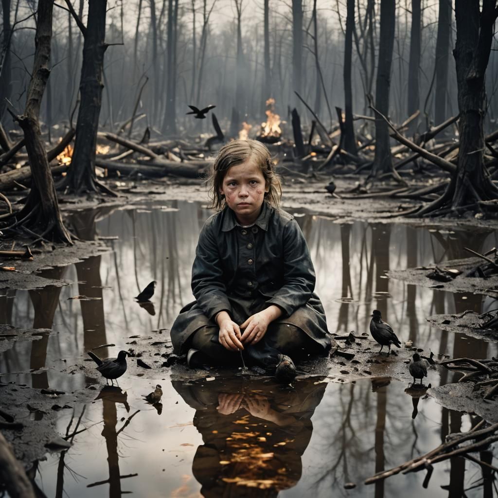 Sinister Portrait of a Girl in Burning Landscape