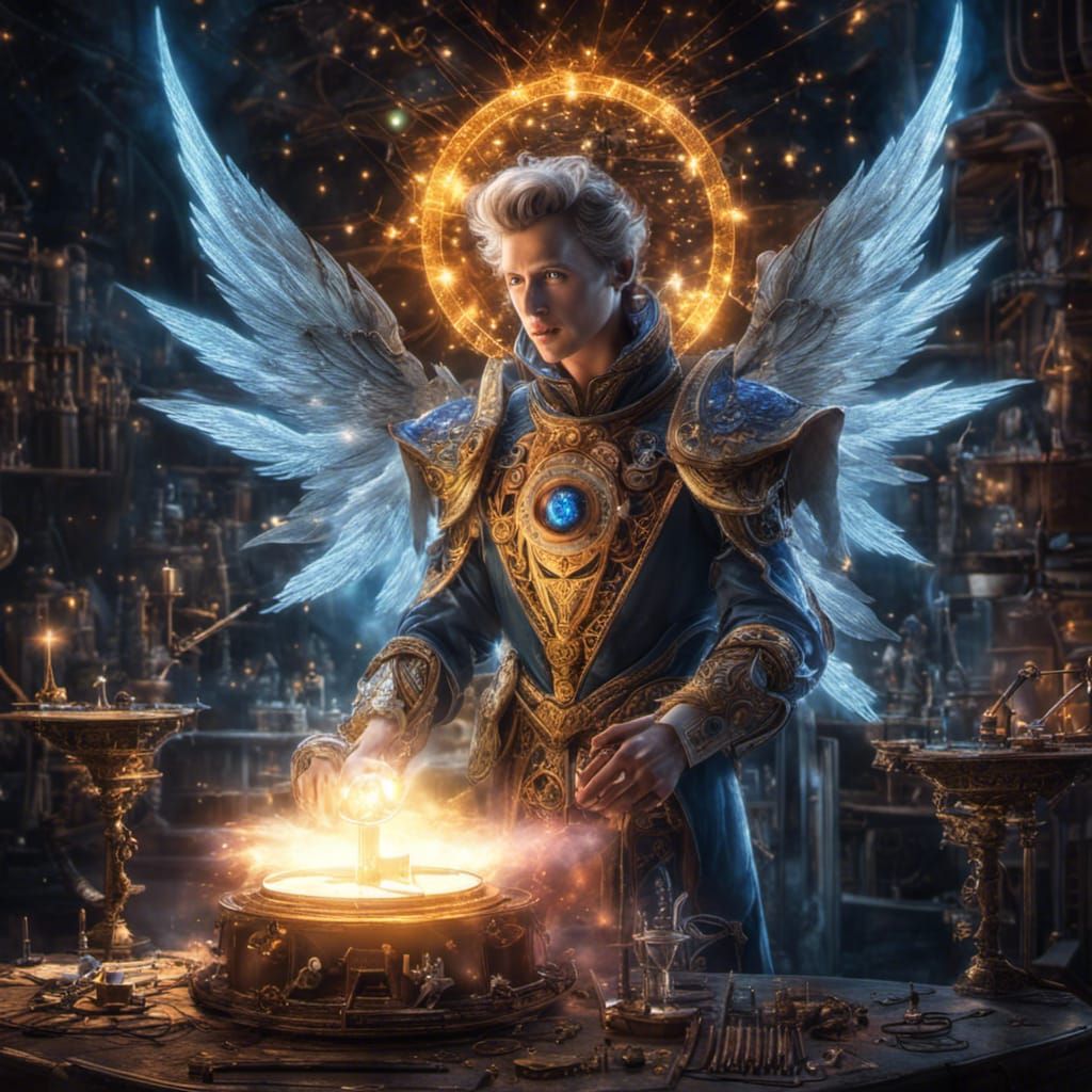 Angel Jester Scientist in Celestial Laboratory Concept Art