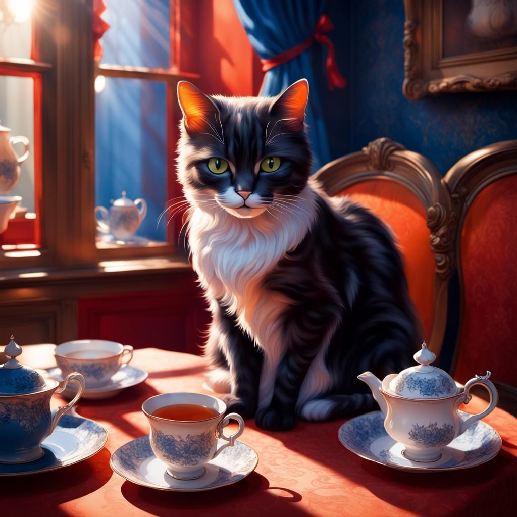Victorian Cat in Tea Room with Dynamic Lighting