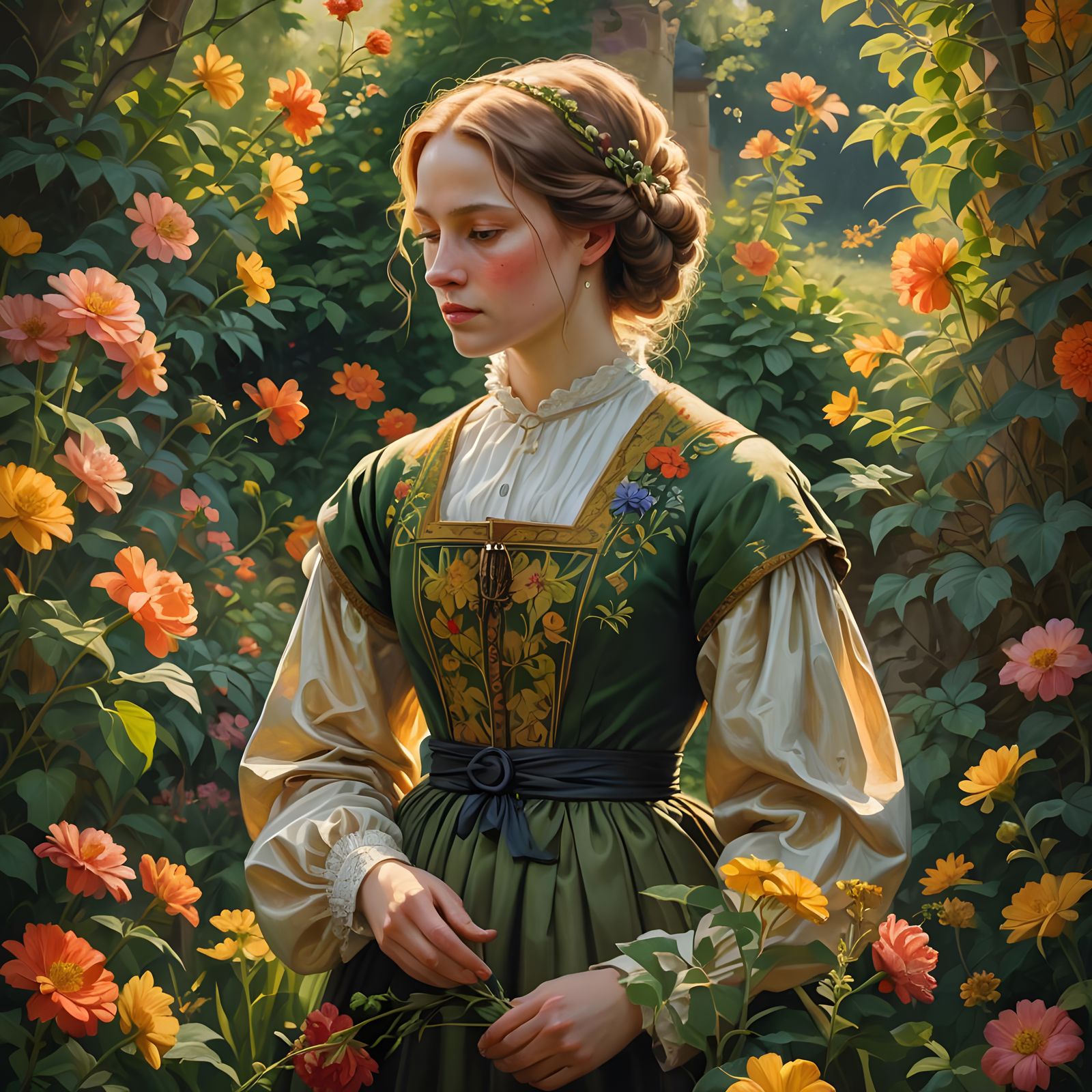 Woman Gazing at Flowers in Dutch Masters Style