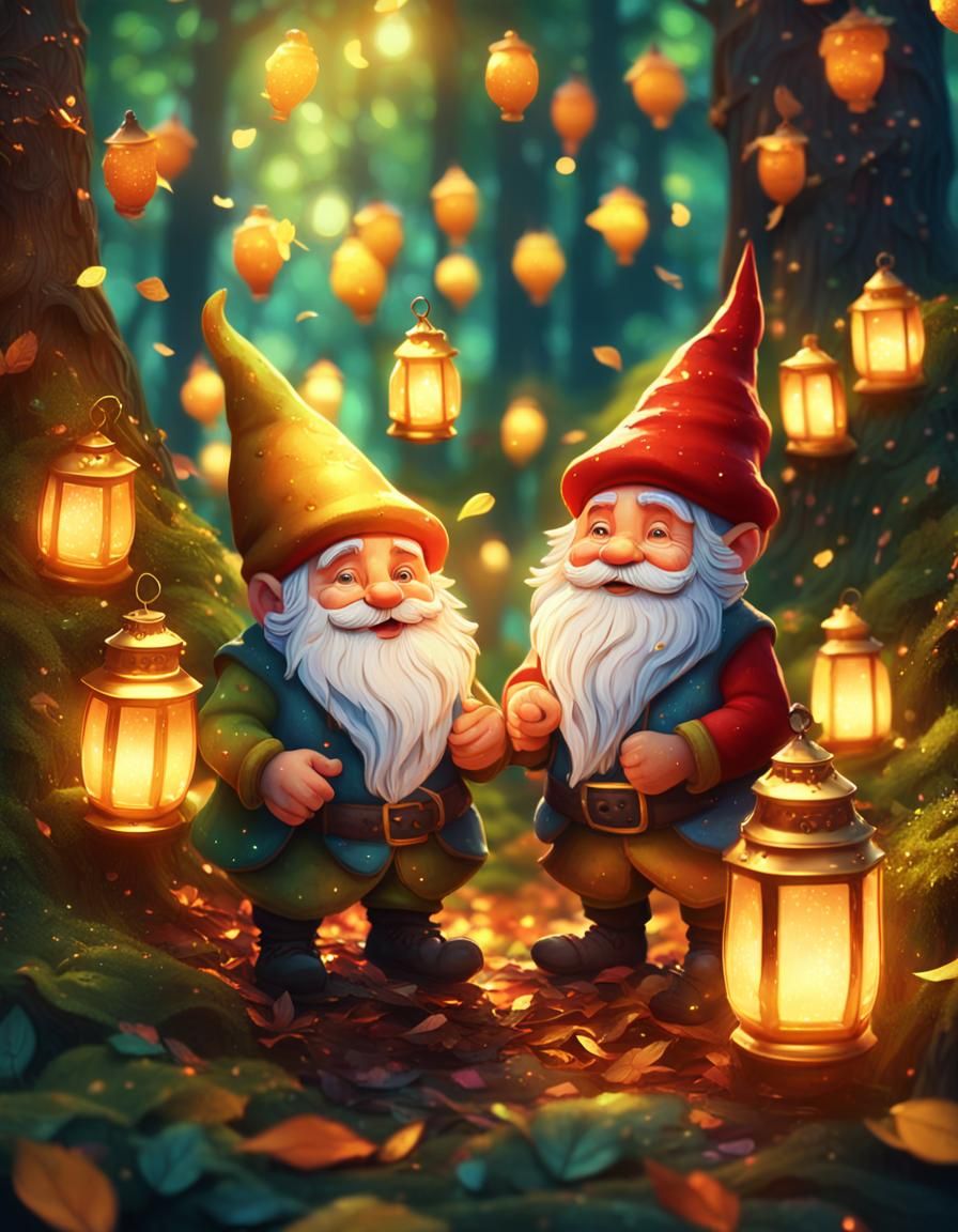 Gnomes Celebrate in Lush Forest, Cinematic Digital Painting