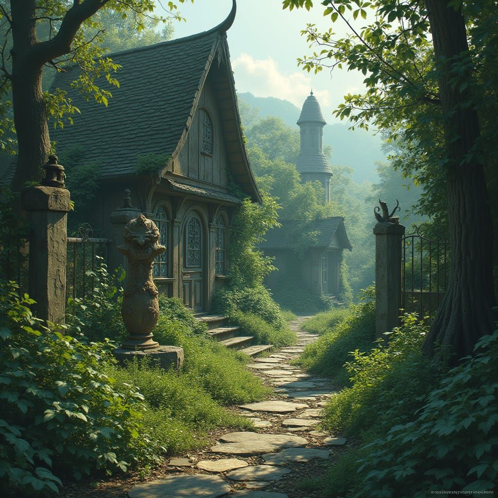 Overgrown Garden Scene with Dilapidated Sheds