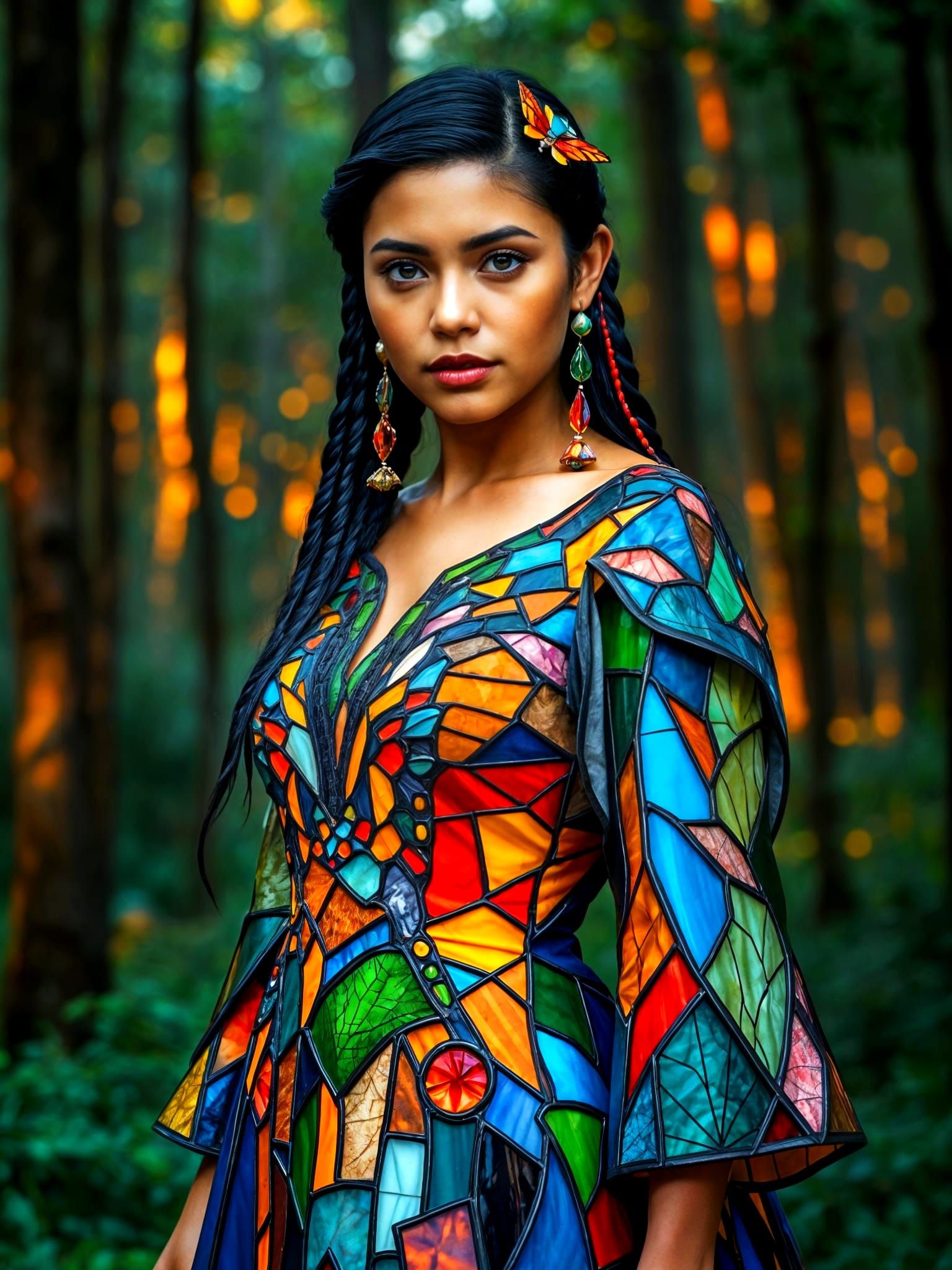 Stunning Mayan Goddess in Stained Glass Fashion Masterpiece