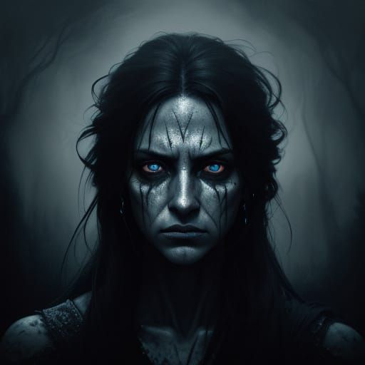 Woman's Intense Stare: Surreal Psychological Horror Portrait