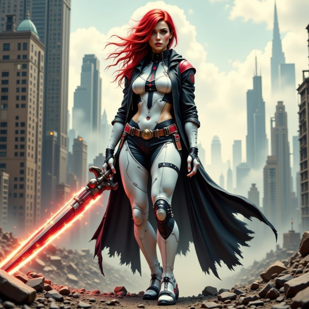 Cyborg Warrior Guarding a Ruined City
