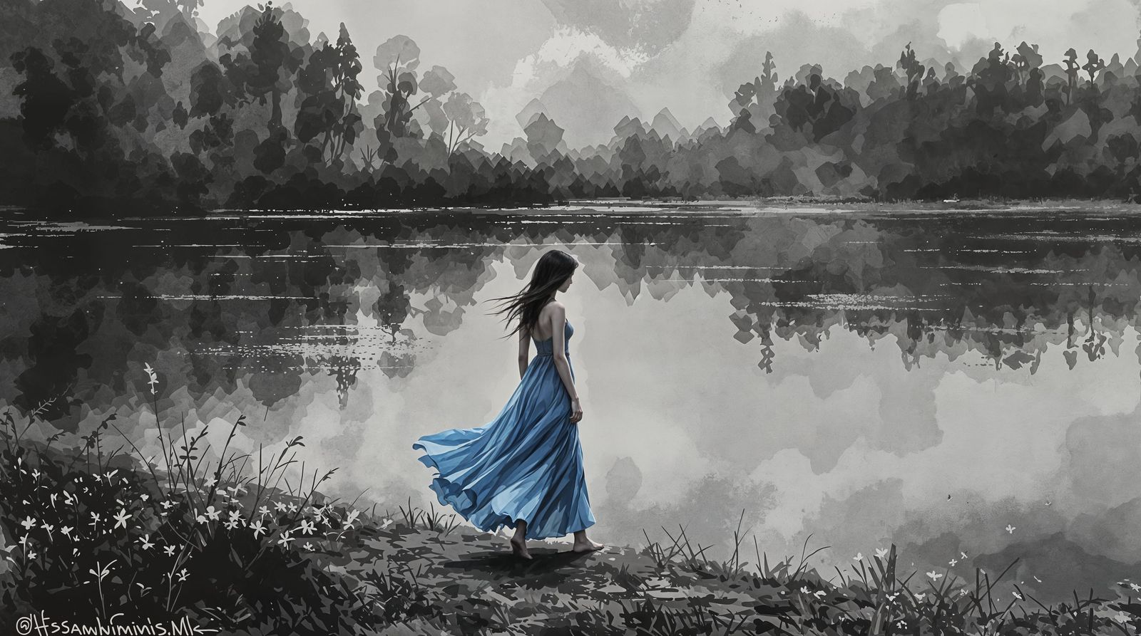 A Peaceful Woman Strolls by the Charcoal-Hued Lake