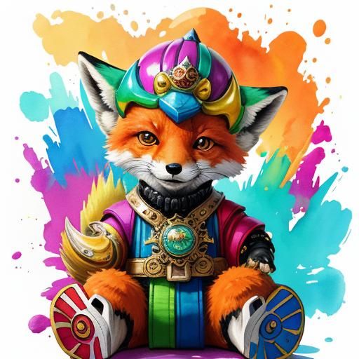 Fox Cub Pilot in Ornate Helmet, Watercolor Graffiti Art
