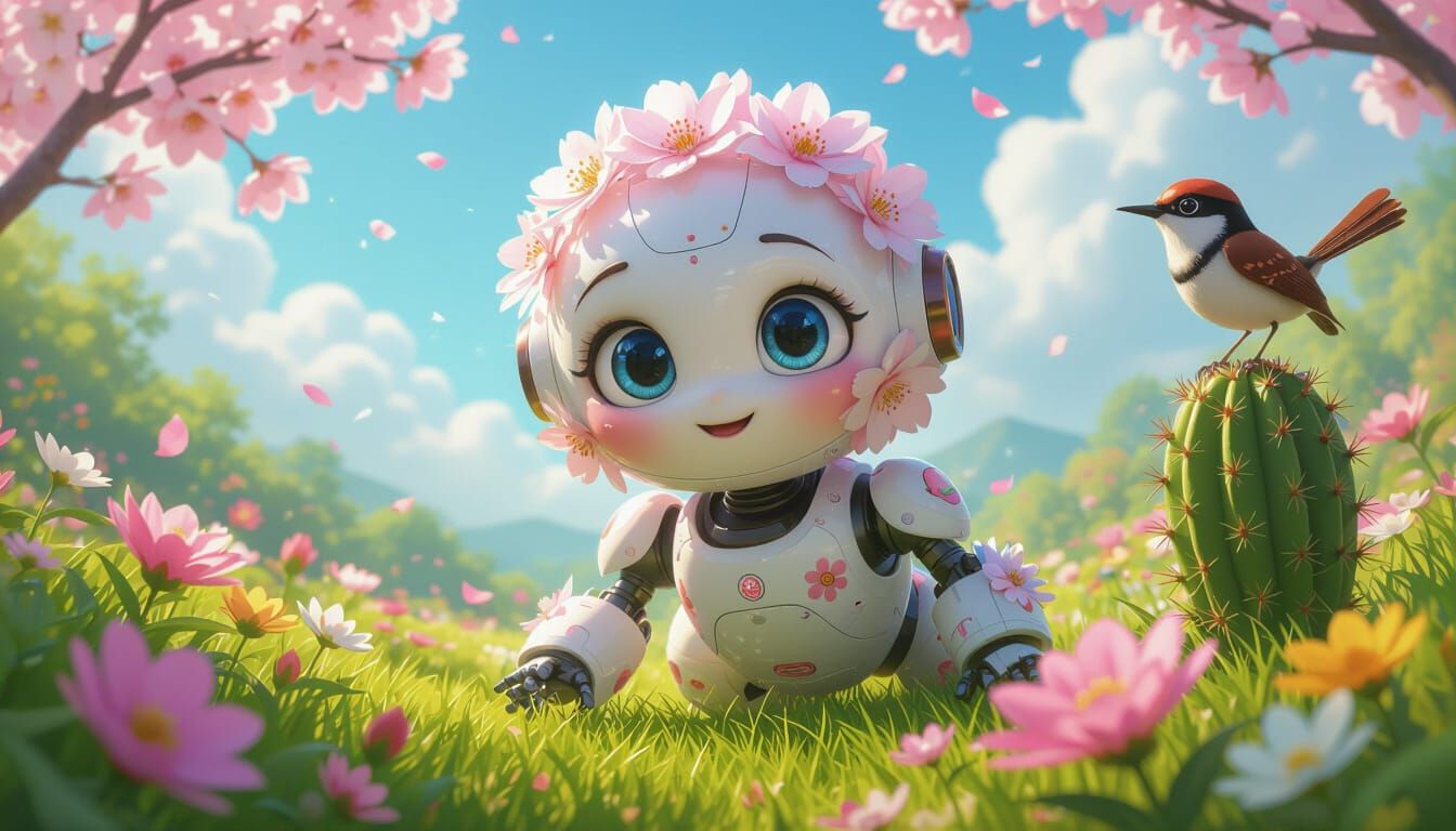 Cute Robot Amongst Cherry Blossoms