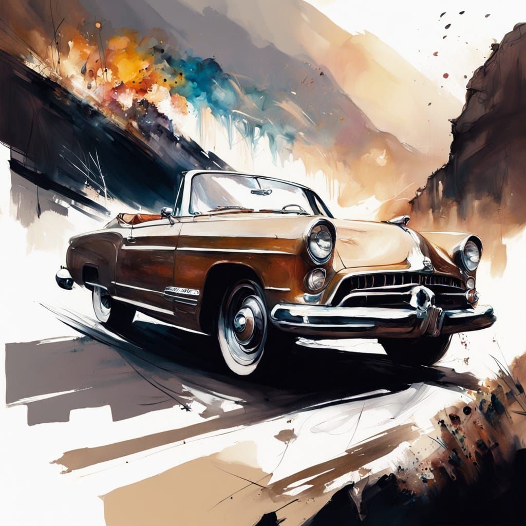 Vintage Convertible Races at Sunset in Hyperrealism