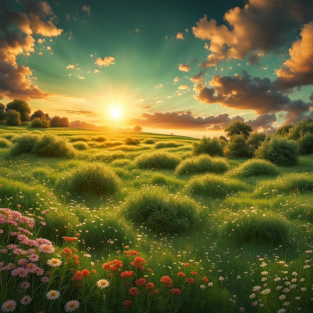 Sunrise in a Flower Meadow: Hyperrealistic HDR Image