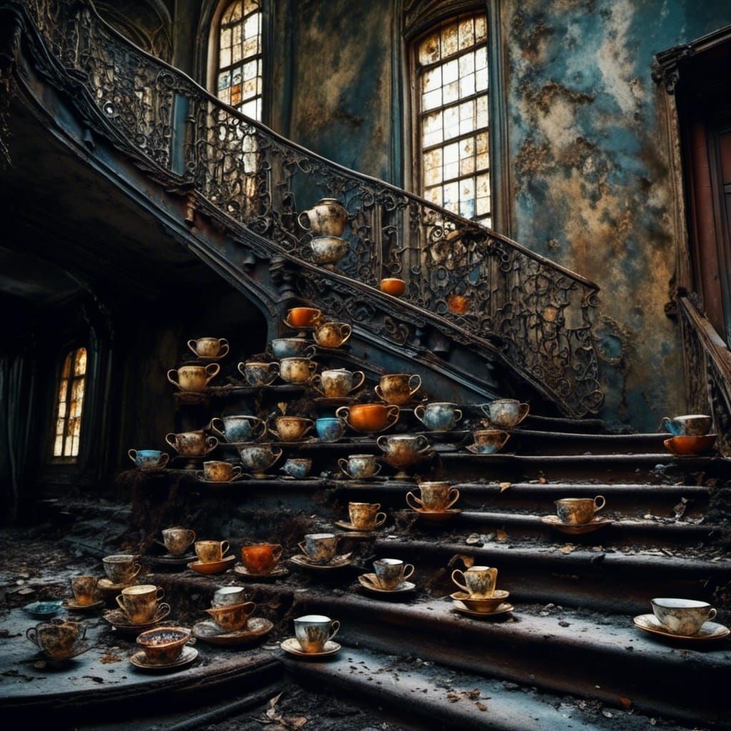 Eerie Metal Staircase with Teacups in Horror Style