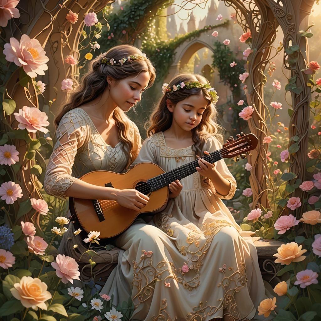 Loving Mother Teaches Child in Fantasy Garden