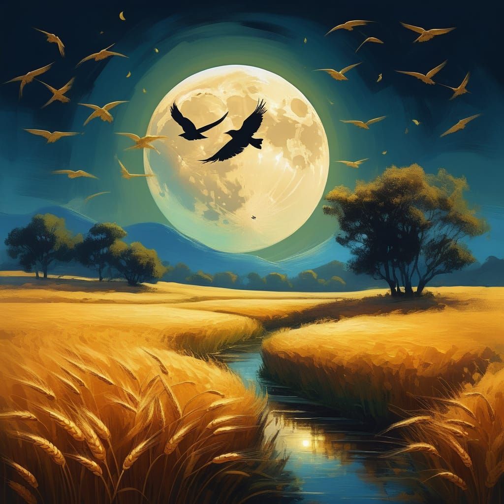 Vibrant Wheat Field Under Full Moon in Painterly Style