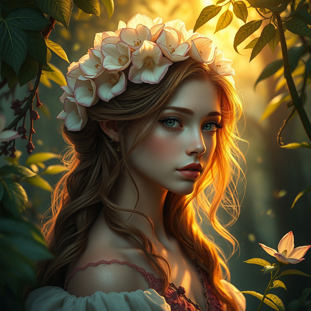 Enchanting Flower Girl Portrait in Fantasy Forest