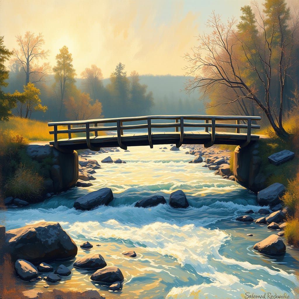 Wooden Bridge Over Whitewater River, Impressionist Style