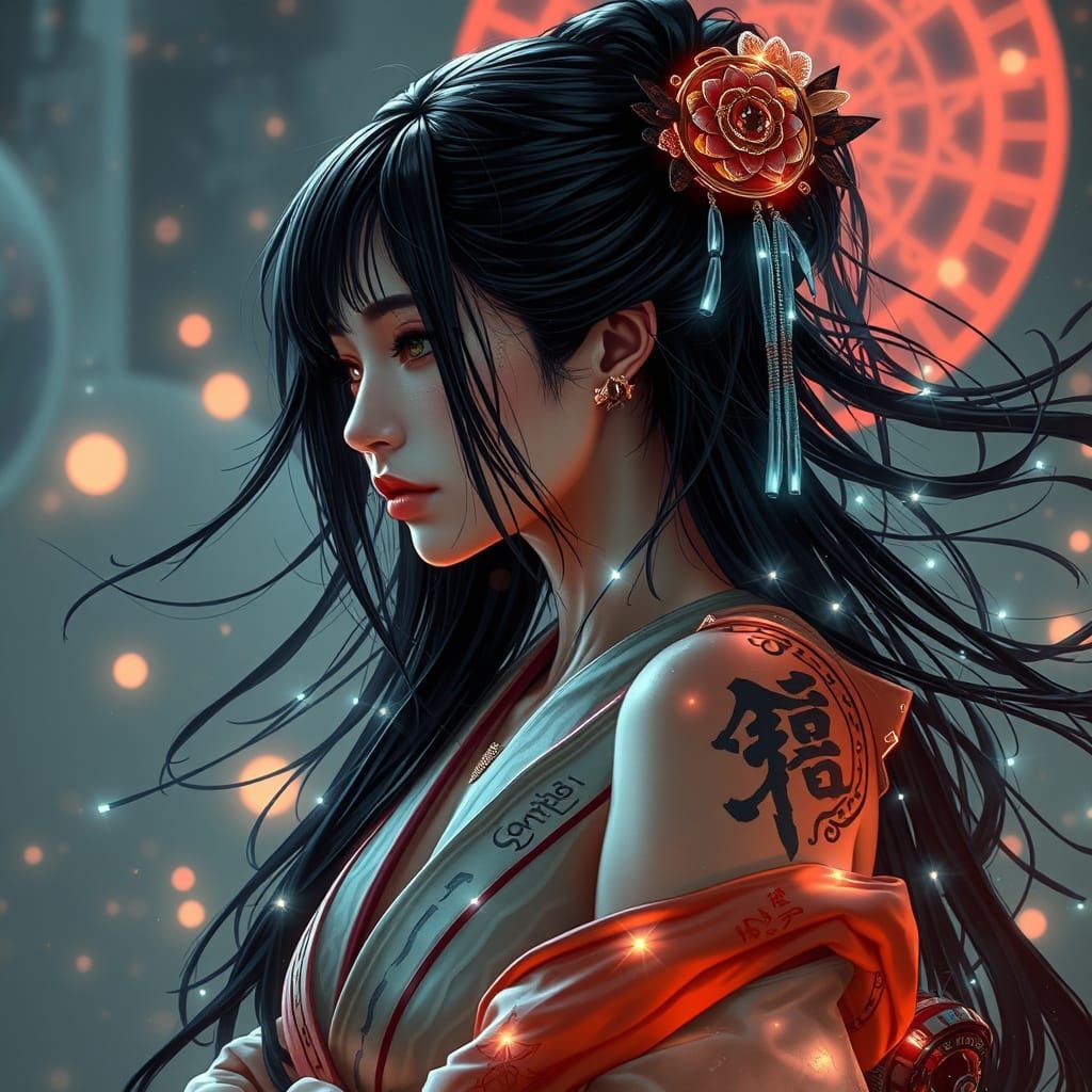 Cyberpunk Geisha with Fiber Optic Hair and Tattoos