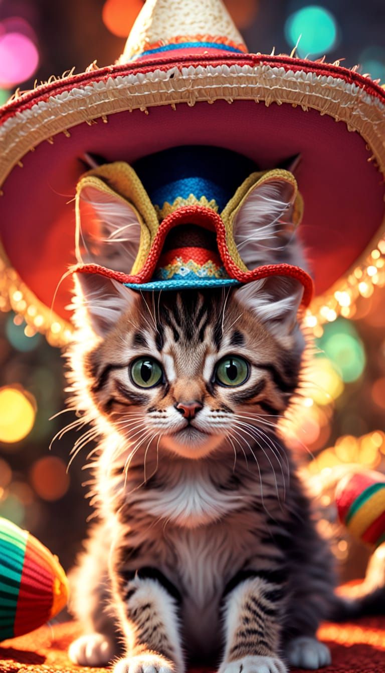 Anime Kitten in Sombrero: Hyperrealistic Digital Art