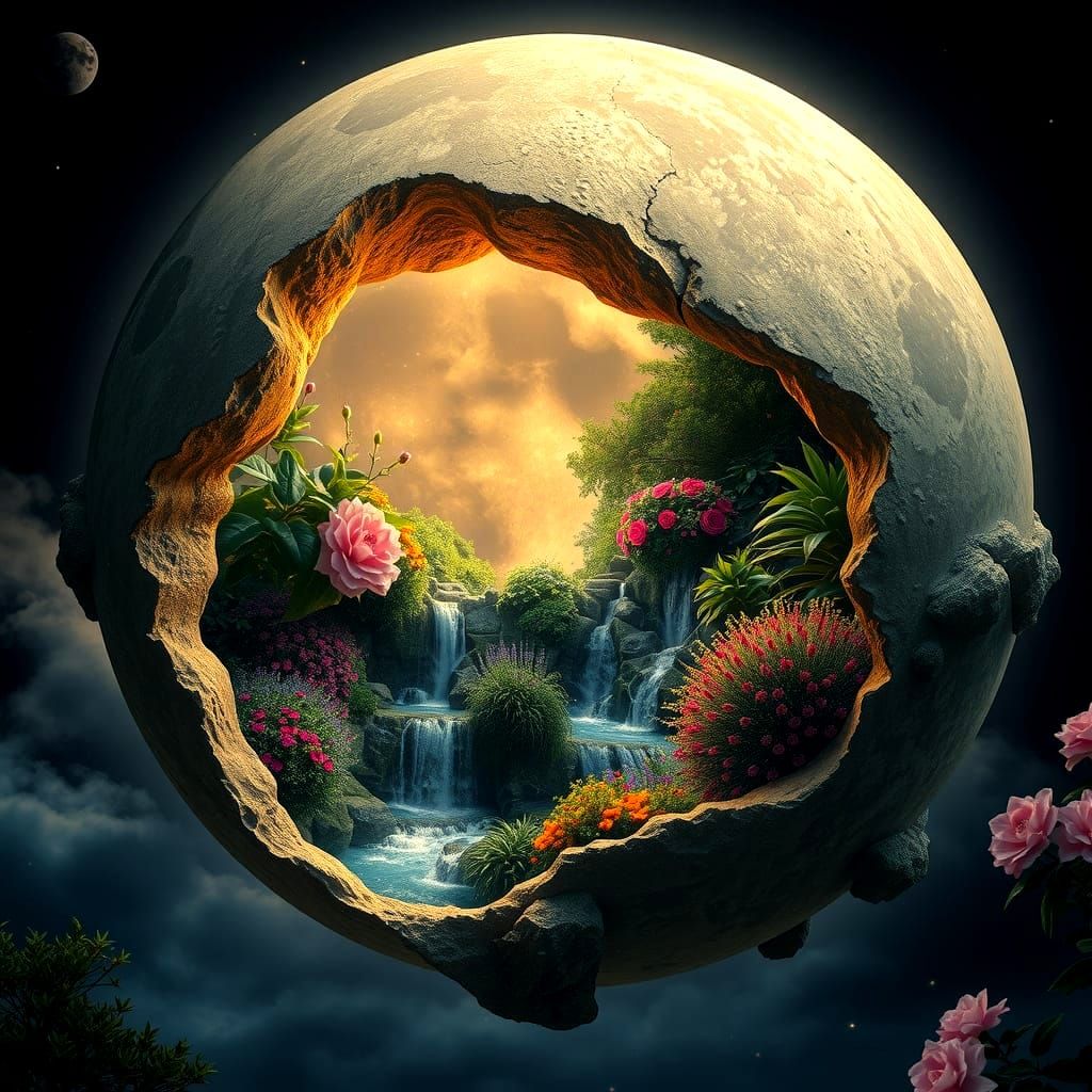 Surreal Hollow Moon Filled with Lush Vegetation