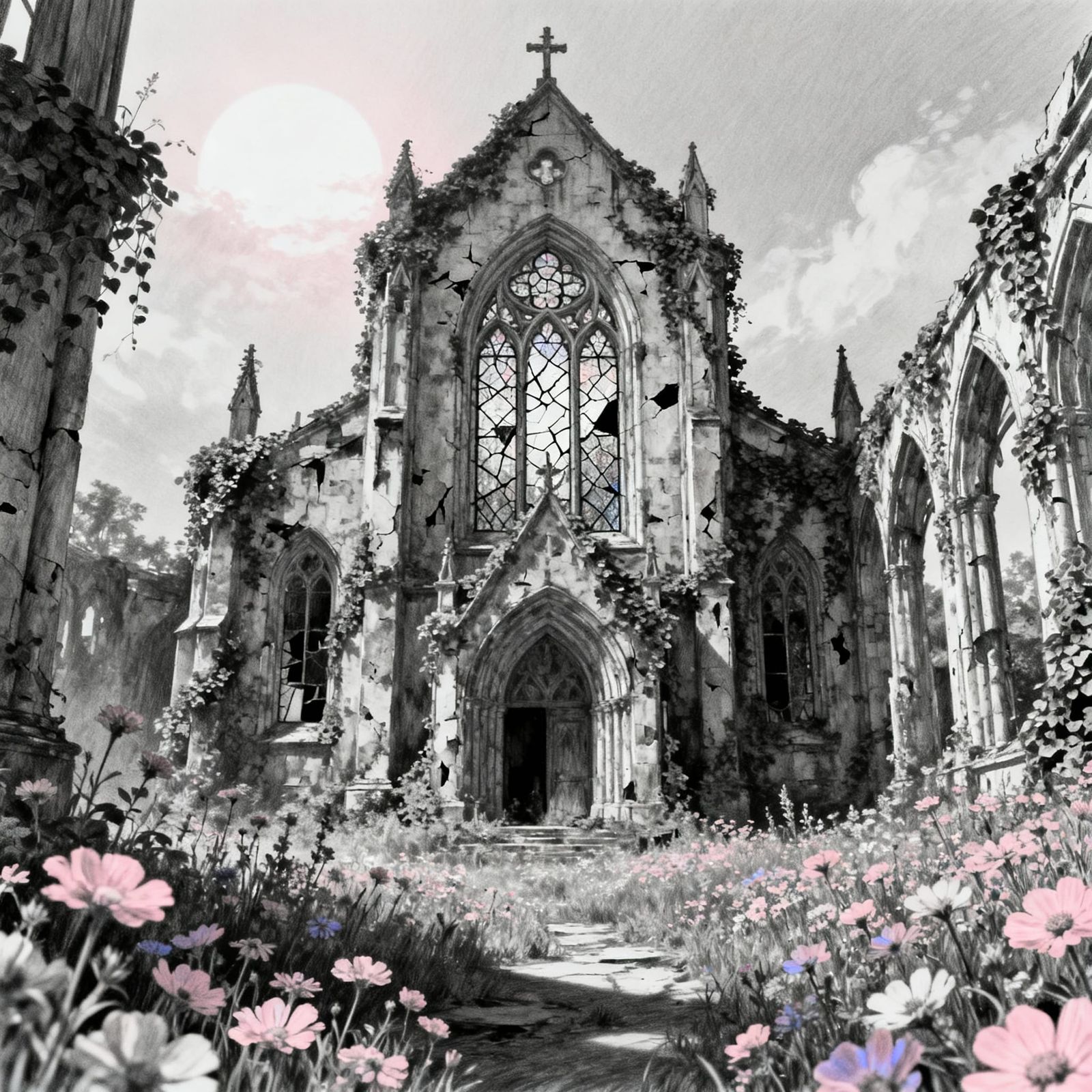 Abandoned Church Drawing with Pastel Wildflowers