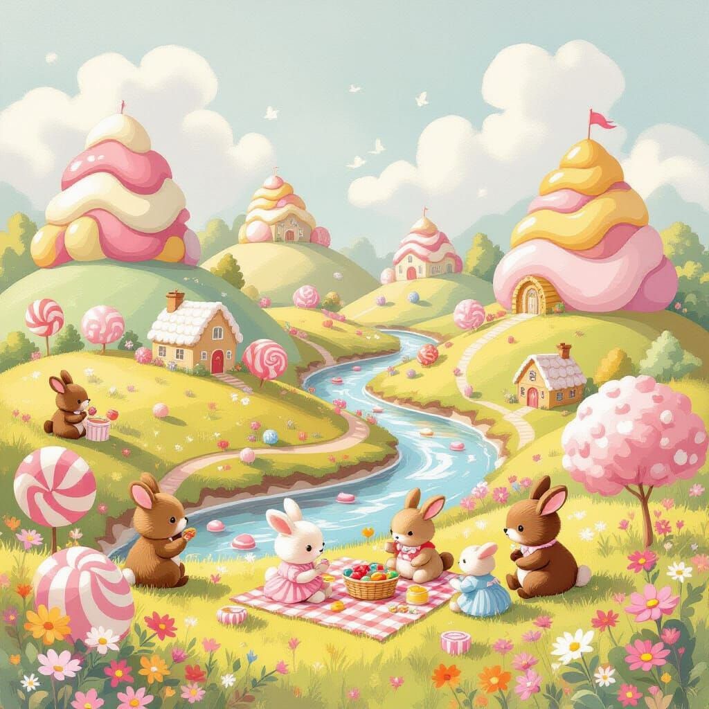 Enchanting Candy World Picnic with Fluffy Animals