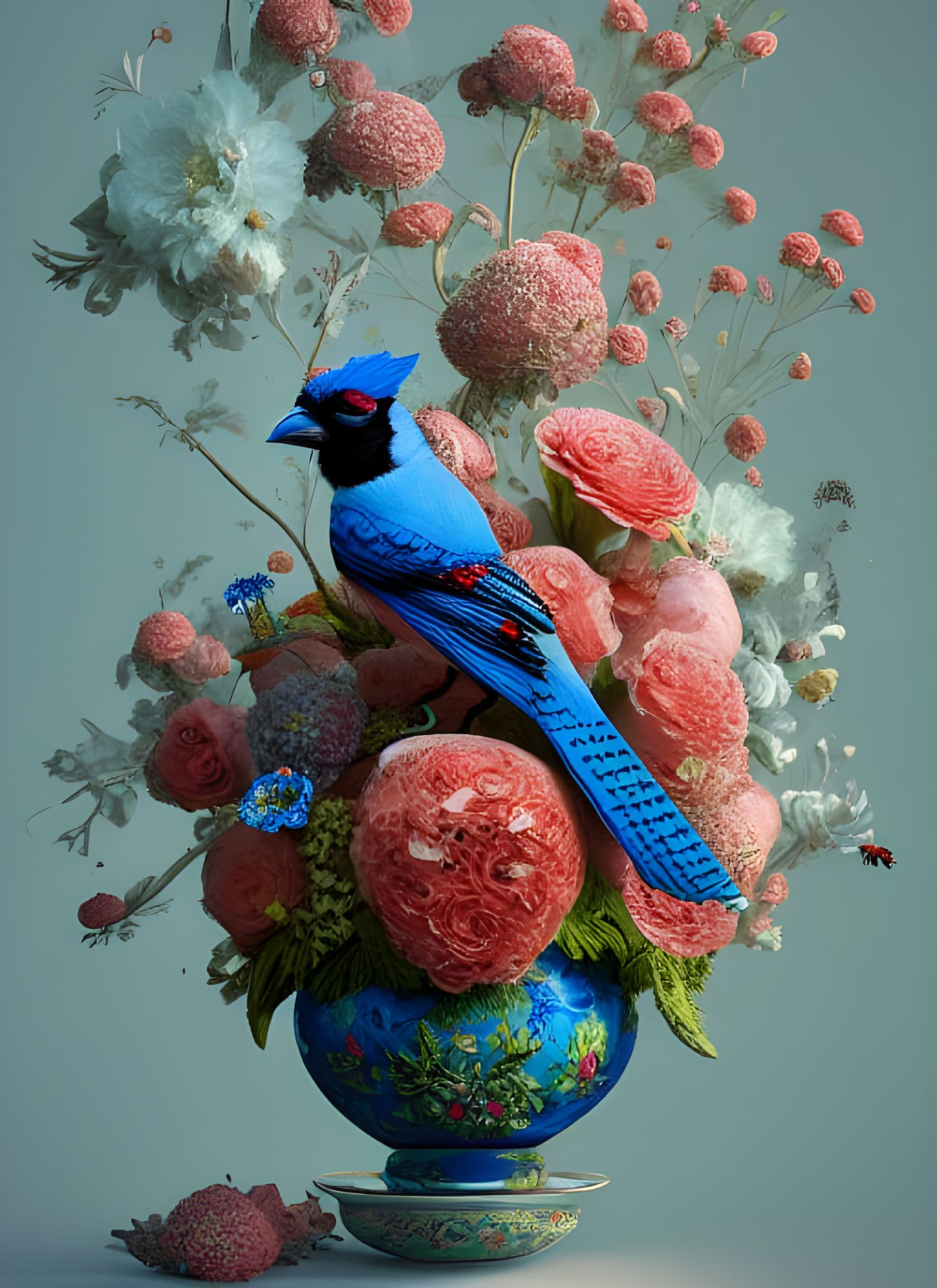 Vase of Flowers with Birds, Hyperdetailed Digital Painting