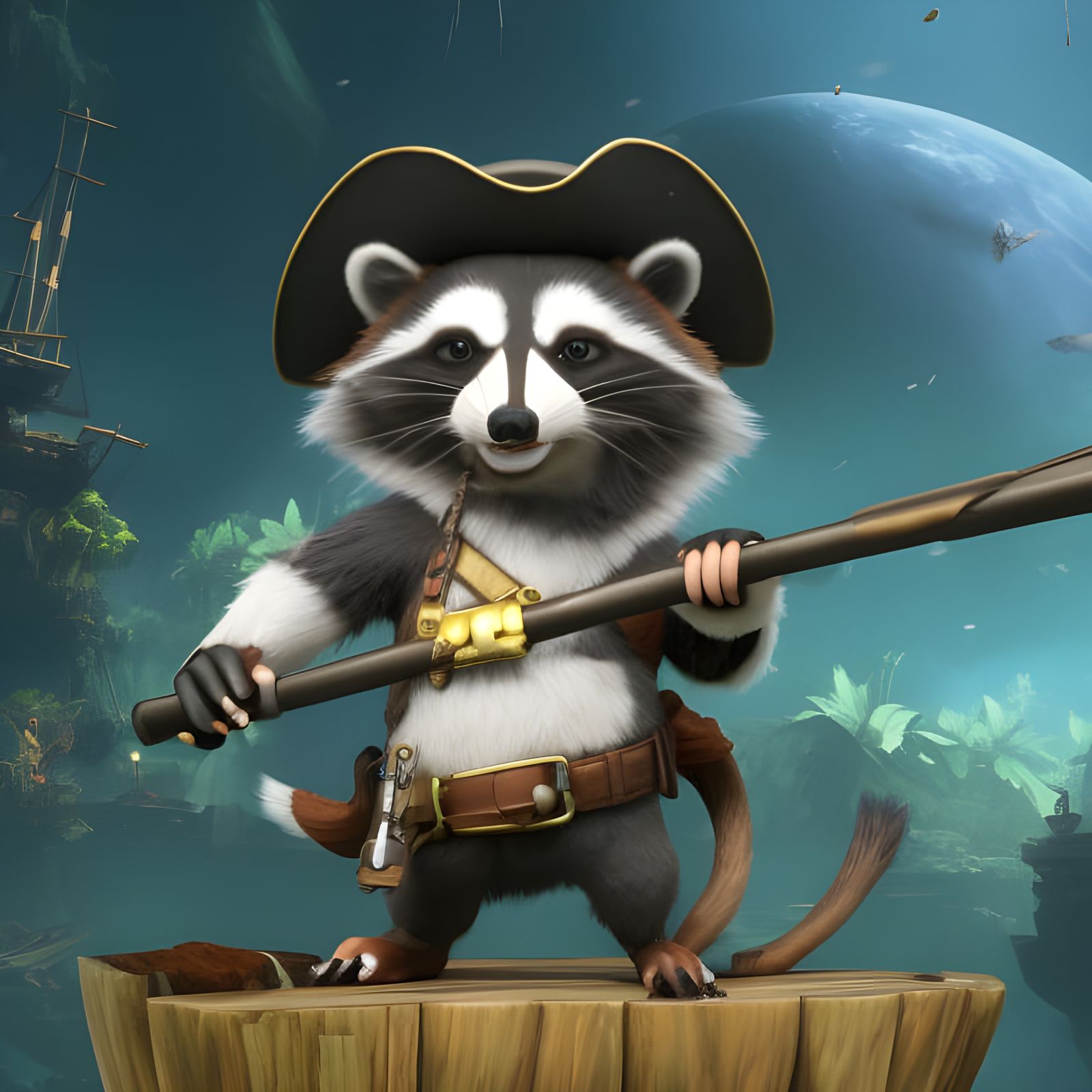 Raccoon Pirate on Ship in Ultra Realistic Style
