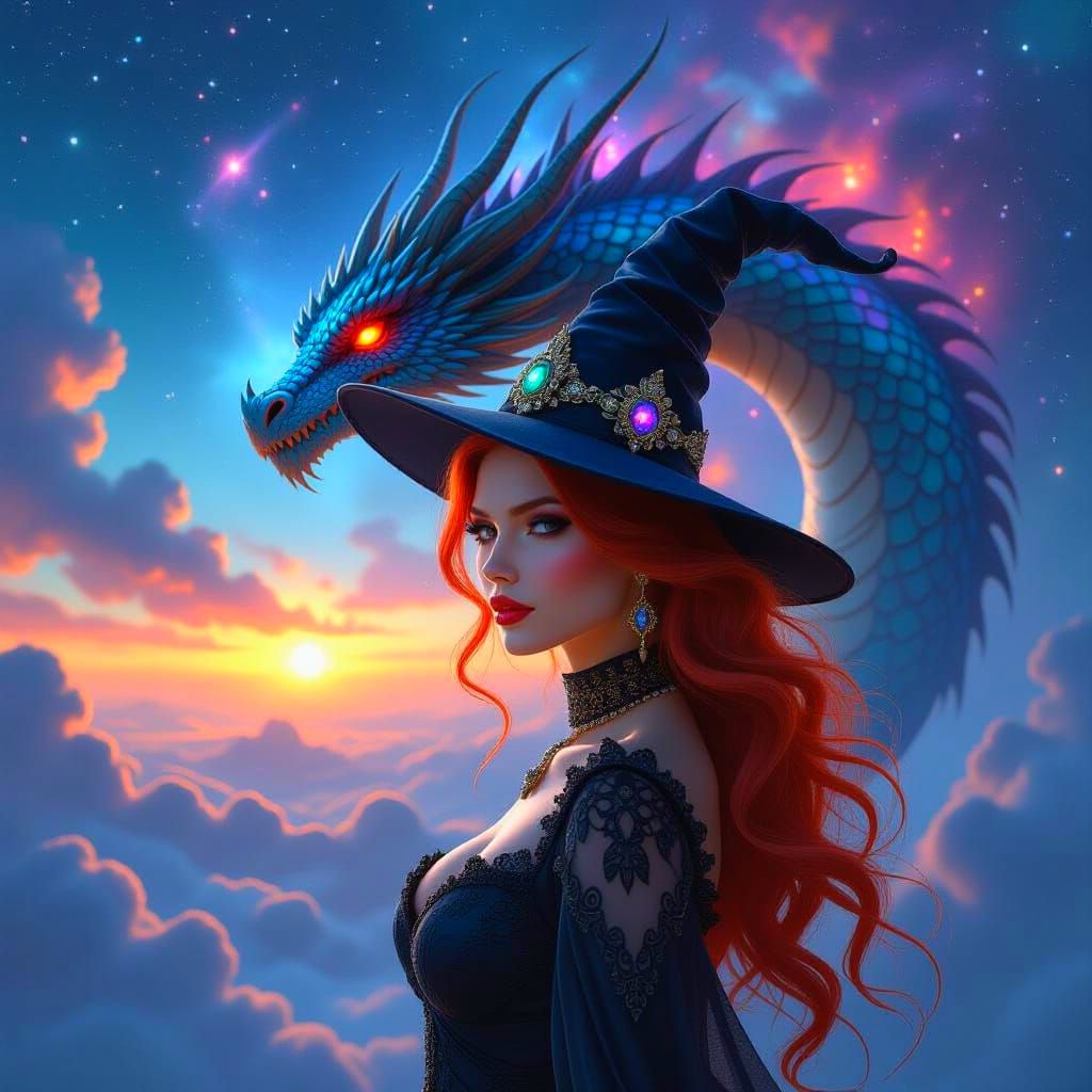 Surreal Witch with Dragon in Cosmic Nebula