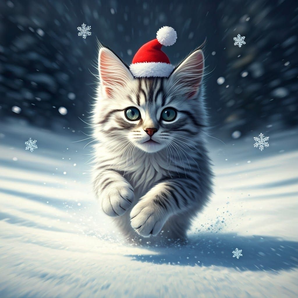 Festive Kitten Running in Snow: CGI Cartoon Style