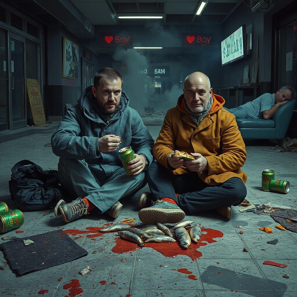 Men Sharing Food in Abandoned Mall, Oil Painting