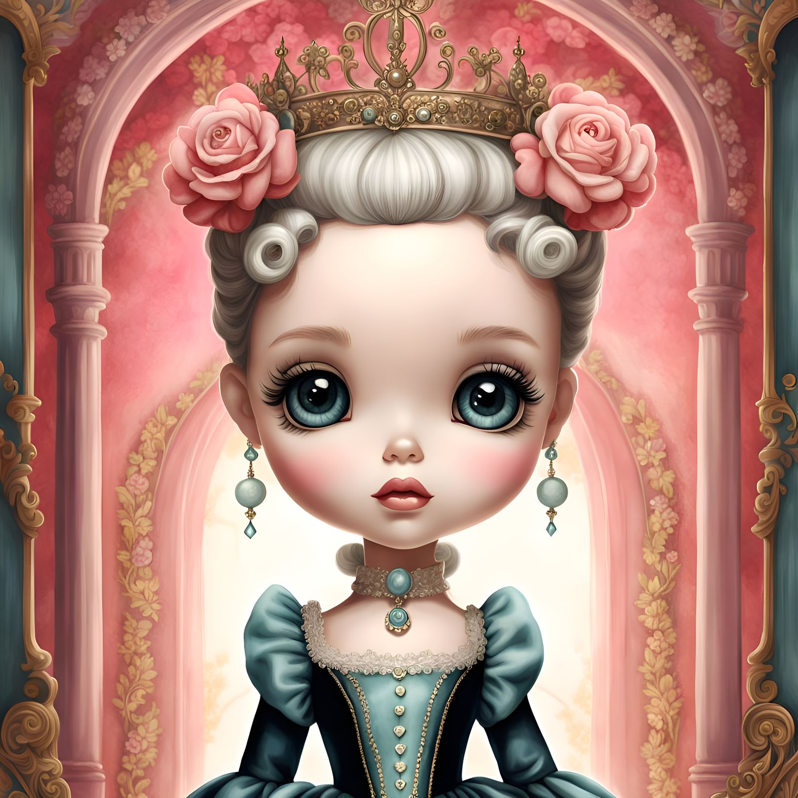 Rococo Princess Bobblehead Doll in Digital Watercolor