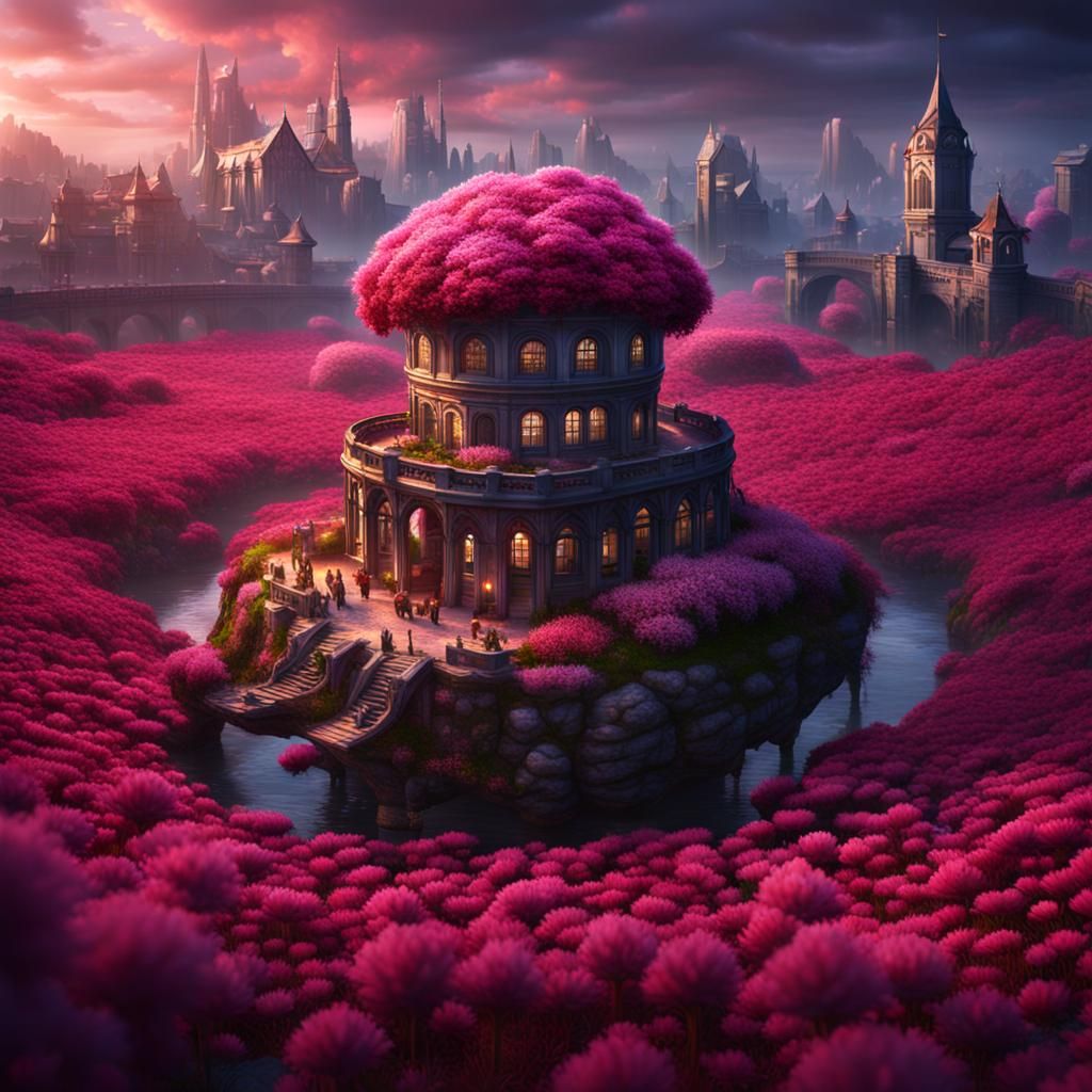 Miniature City on Red Clover Flower: Fantasy Art