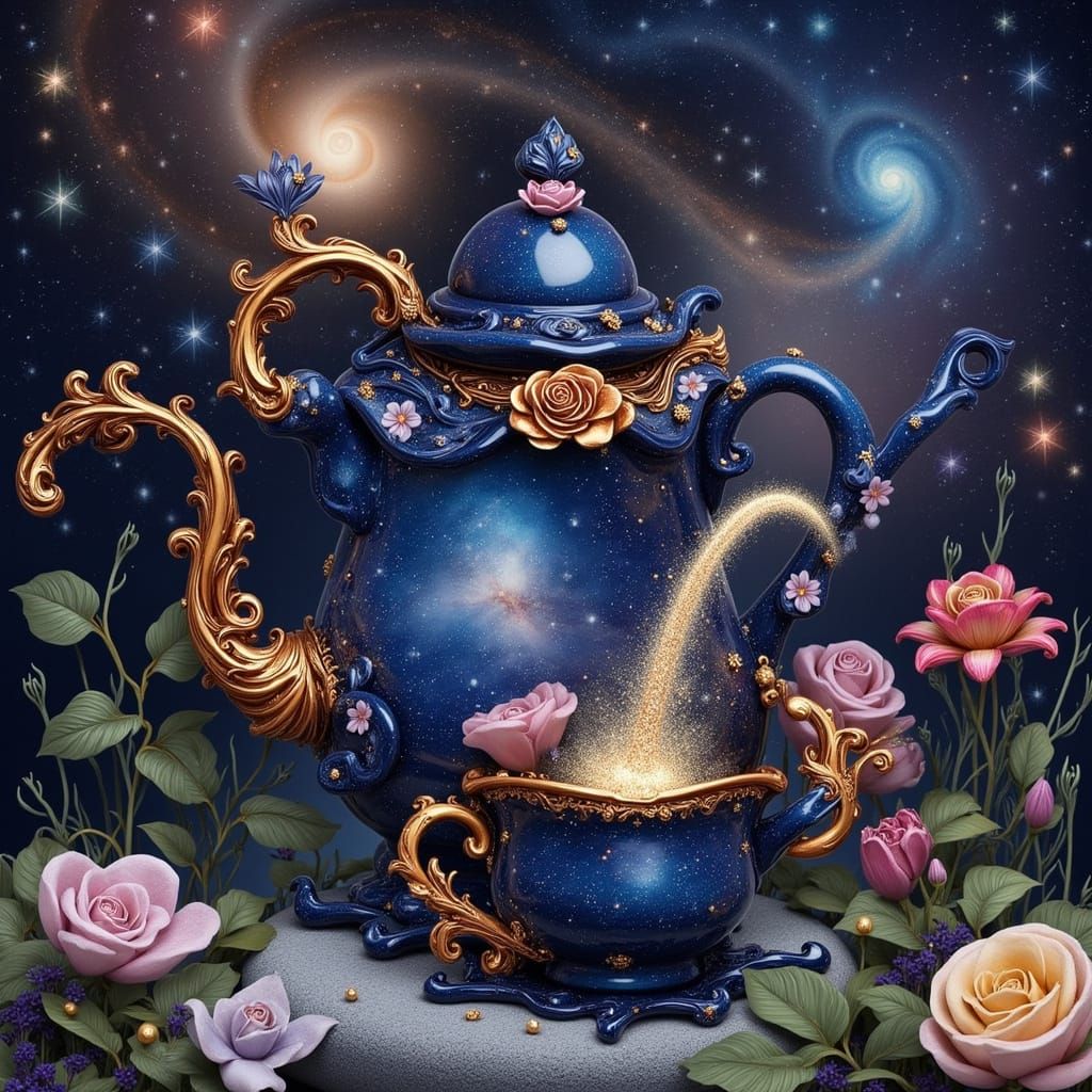 Obsidian Teapot Pours Stardust into Nightshade Cup