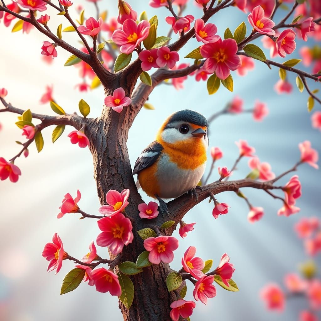 Sparrow in Blooming Tree, 3D Digital Art