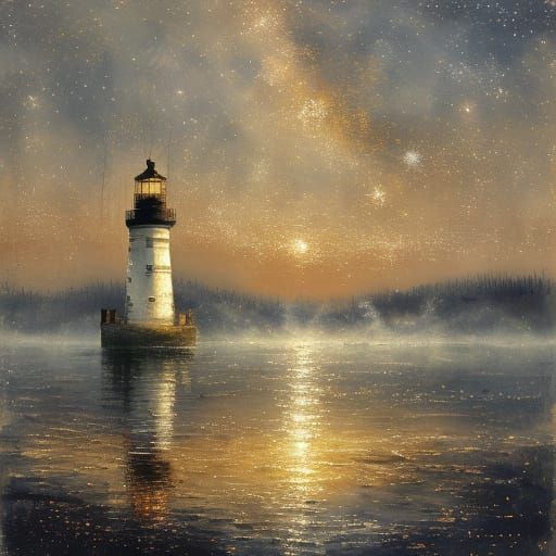 Lighthouse in Moonlit Waves: A Watercolor Impression