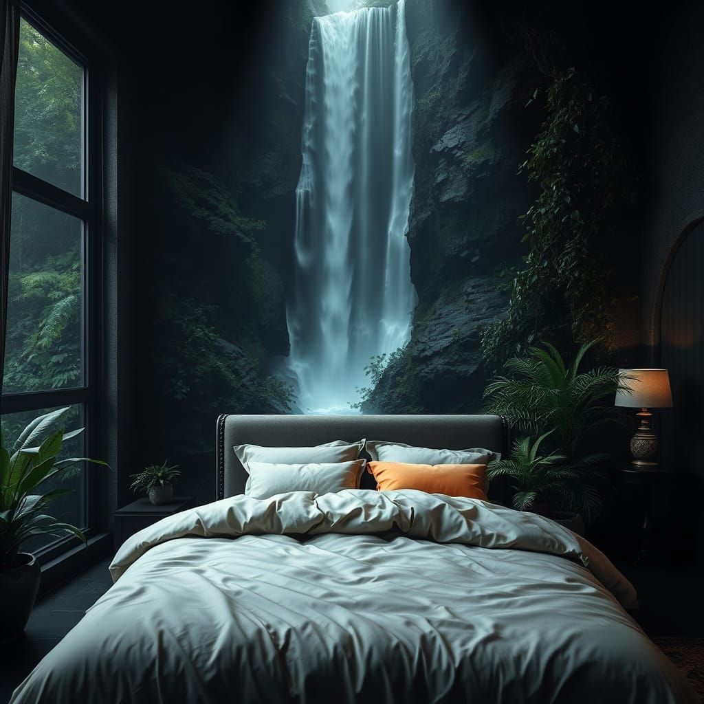 Bedroom Meets Waterfall: Hyperrealistic Digital Art