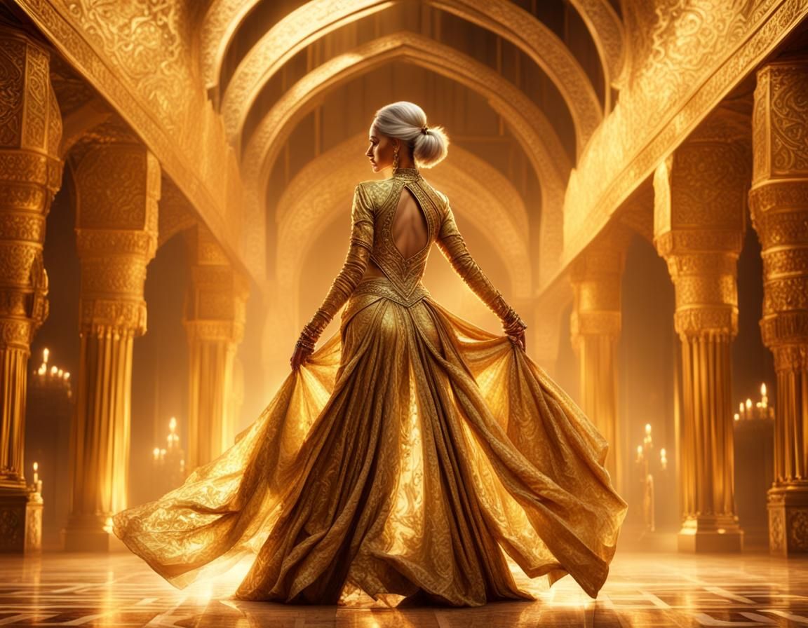 Female Dancer in Gold Arabian Dress, Back View