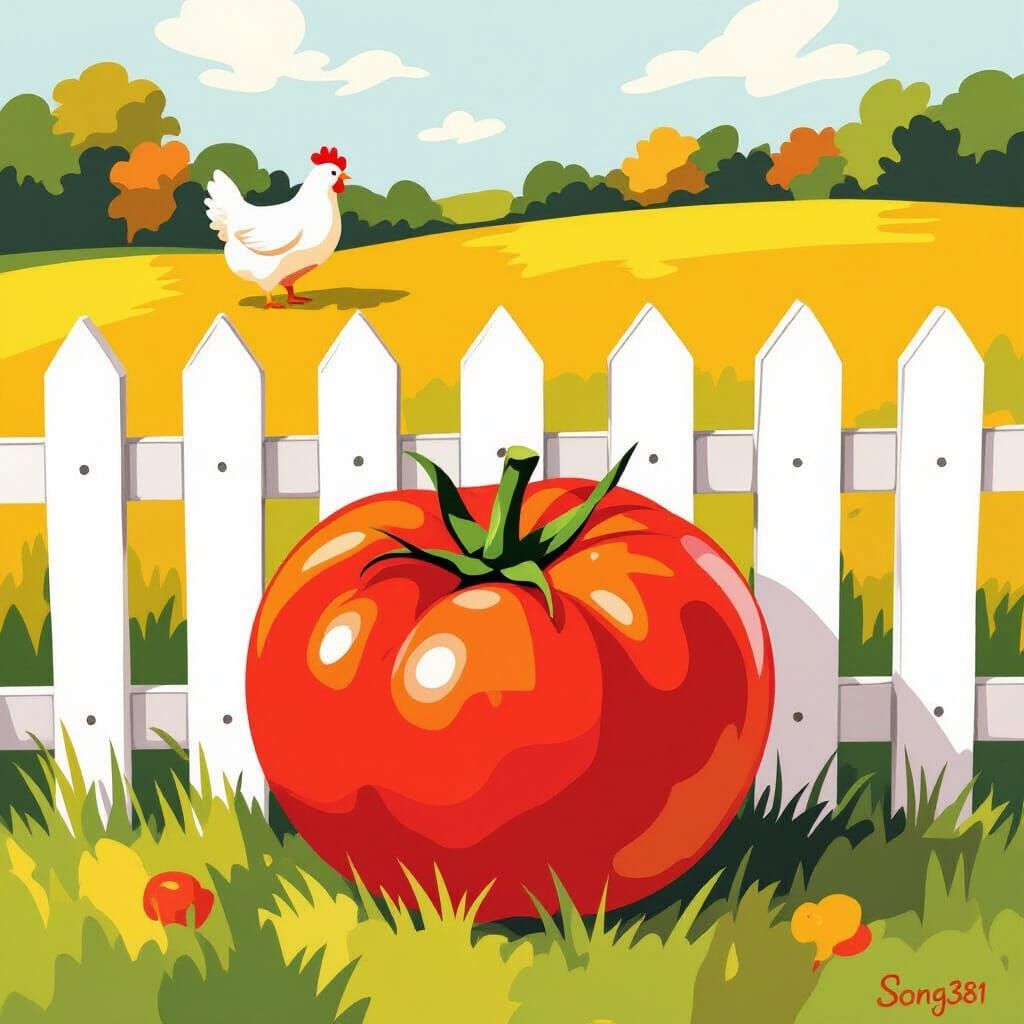 Vibrant Red Tomato with Chicken Watercolor