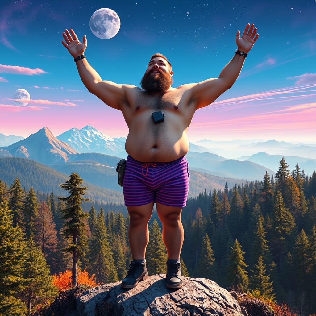 Triumphant Man on Mountain Peak in Psychedelic Style