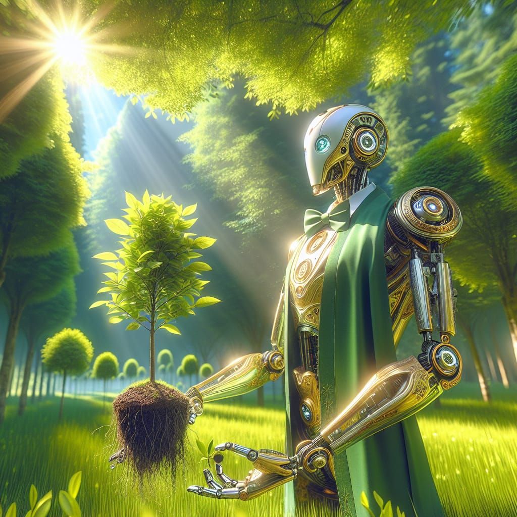 Stunning Robot Plants Sapling in Vibrant Green Landscape